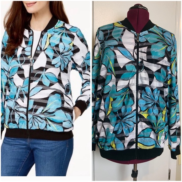 Alfred Dunner Jackets & Blazers - NWOT Alfred Dunner Zip-Up BlueWhite Tropical print Casual bomber Jacket …